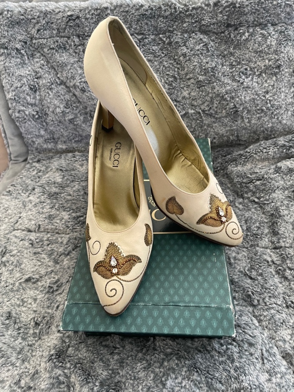 Gucci Vintage RARE Beige Embellished Pointed-Toe Satin Heels